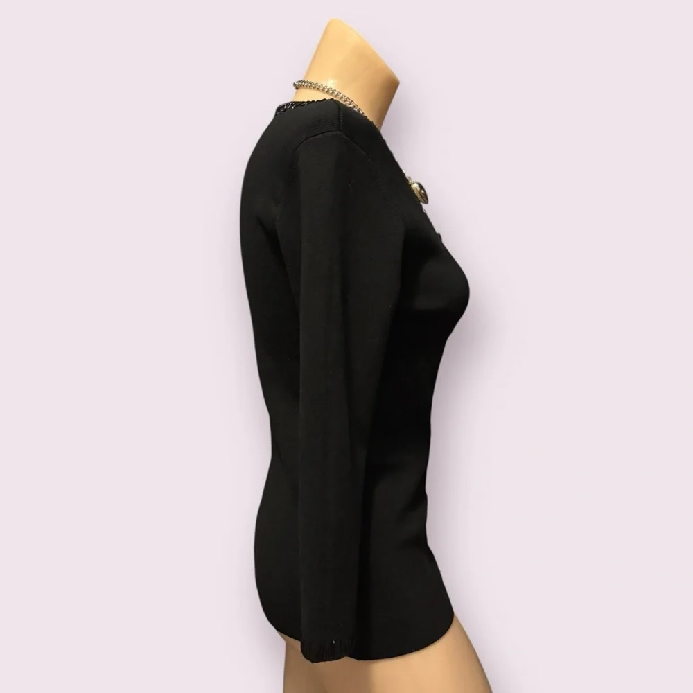 Vintage Cache Y2K Black Silk Beaded Knit Blouse with Zip-Up Detail - Picture 12 of 15